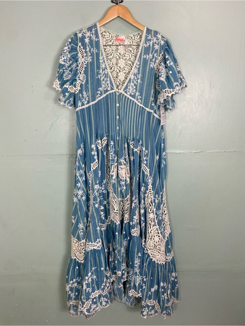 Free People Blue Bonnet Maxi Dress Embroidered Floral Striped Sundress Small - Picture 2 of 16